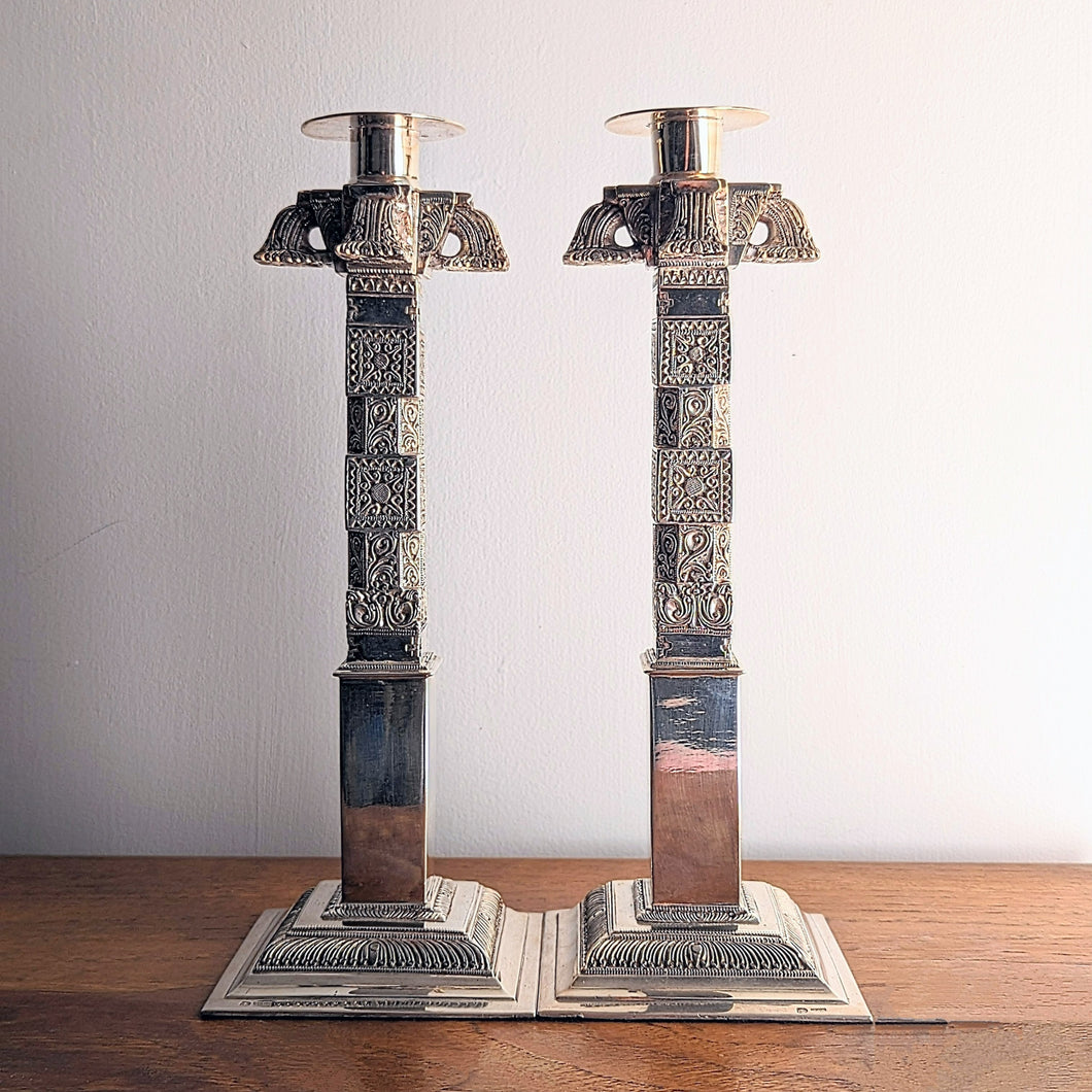 Ceylonese Silver Column Candlesticks